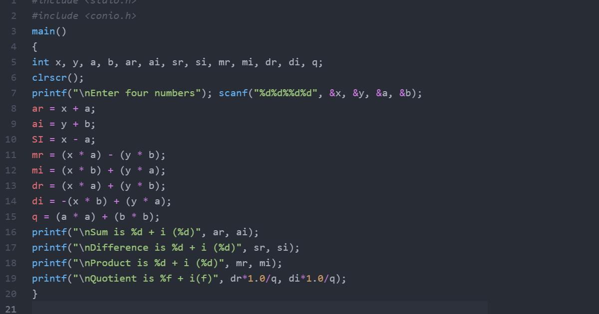 Write a Program to add, subtract, multiply and divide complex numbers.